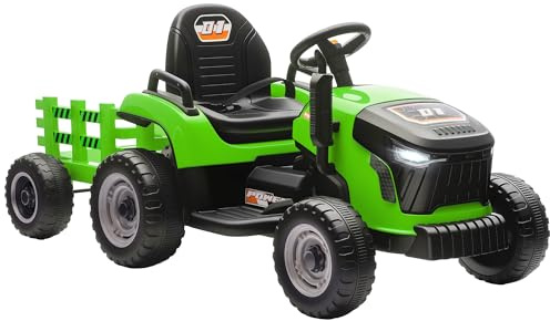 AIYAPLAY Tractor Eléctrico para Niños con Remolque Desmontable, Tractor de Juguete de Batería 12V, Velocidad 3-5 km/h, Control Remoto 2,4G, Música, Bocina, para Niños de 3-8 Años, Verde