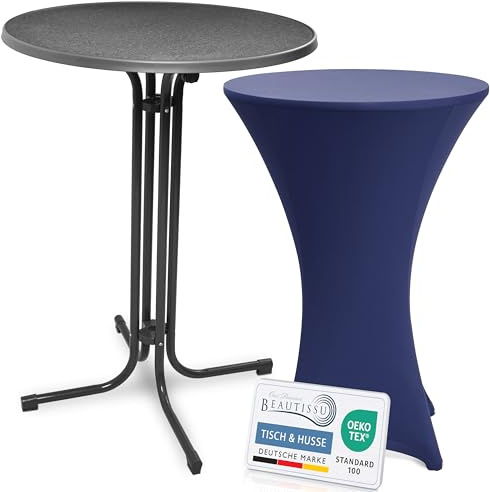 Beautissu Stehtisch klappbar 80cm mit Stretchhusse Outdoor Bistrotisch | Grau Blau rutschfest waschbar und bügelfrei kratzfest wetterfest Hussen Klappbarer Partytisch Gartentisch Bellini & Stella