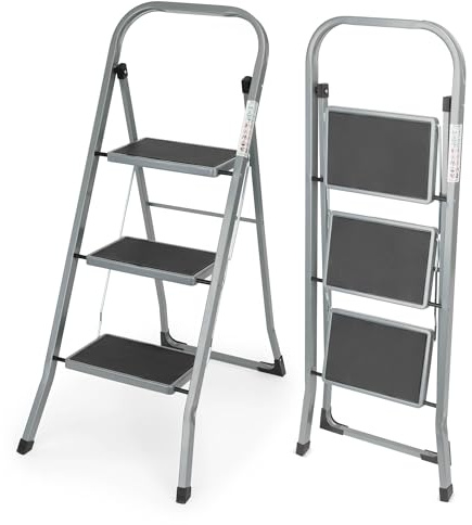 LIVIVO 3 Step Ladder with Handrail - Lightweight Steel Frame, Foldable Step Ladder with Anti-Slip Steps & Feet, 150kg Load Capacity - Easy to Store Slim & Portable - Ideal for Household, Garage, DIY