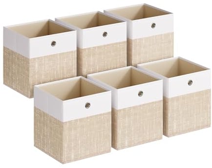 SONGMICS Aufbewahrungsbox 6er Set, Aufbewahrungskorb, 26 x 26 x 28 cm | Faltbox, Stoffbox für Würfelregal, mit PP-Platten, geruchsneutral, wolkenweiß-sandbeige, TINA Kollektion RFB426LF02