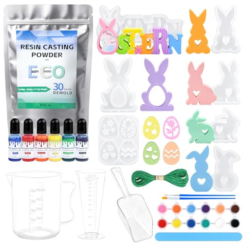 FTUREERA 7 Stück Silikonformen Gießformen Ostern, Silikonform Osternhase mit 1000g Weißes Gießpulver und Farbpigmente, Gießformen zum Gießen Ostern Silikonformen Hase Frühling für DIY Osterdeko