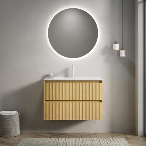 vutizal Waschtisch mit Unterschrank 75cm, Wandmontage mit Integriertem Resinbecken & LED Beleuchtung, Soft-Close Schublade, Vormontiert, Natur Holzoptik