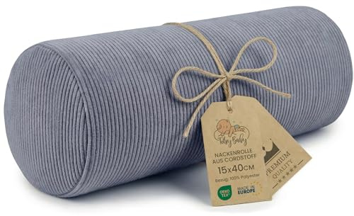 Kissenrolle mit Bezug 40x15 cm Nackenkissen weich formstabil hochbauschig | Nackenrolle Nackenstützkissen Kniekissen Stützrolle Rückenkissen aus Cordstoff für Bett Sofa und Couch Jeansfarbe Cordstoff