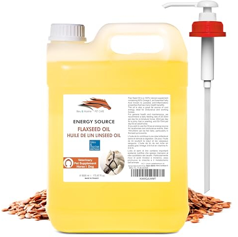 Huile de Lin VET Alimentaire pour Animaux | Digestion, Cœur, Vaisseaux Sanguins | Omega 3-6-9, Vitamines A-D-E-K | sans Substances Prohibées, 5000 ML