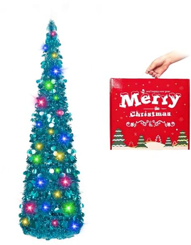 N&T NIETING Christmas Tree, 5ft Collapsible Pop Up Christmas Tree Blue Tinsel Coastal Christmas Tree for Holiday Xmas Decorations, Home Display, Office Decor