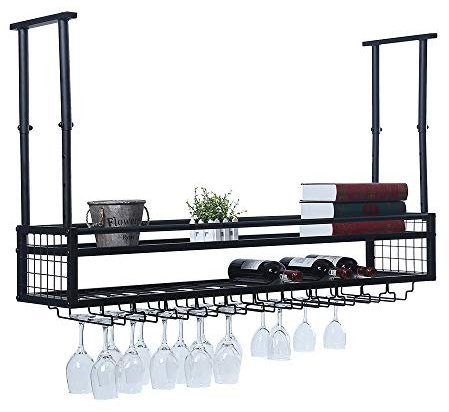 Portabicchieri da appendere con supporto per bicchiere e mensola, in metallo regolabile, barra da soffitto per calici da vino, 2 strati, montaggio a parete industriale, portabottiglie in ferro da 120