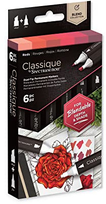 Crafter's Companion Spectrum Noir Classique Blend Twin Tip Blendable Alcohol Based Marker Set with Japanese Nibs - Pack of 6 - Perfect for Colouring, Drawing & Illustration (Reds Pack)