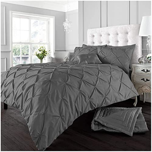 GC GAVENO CAVAILIA Pinch Pleat Duvet Cover Sets, Pintuck Bedding Set With Matching Pillowcases, Super King Bed Set Charcoal