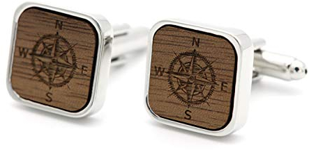 NaturSchatulle Manschettenknöpfe Herren Holz Gravur Kompass 1 Paar Silber Manschettenknopf Eckig Hochzeit Anzug Männer Cufflinks for Men