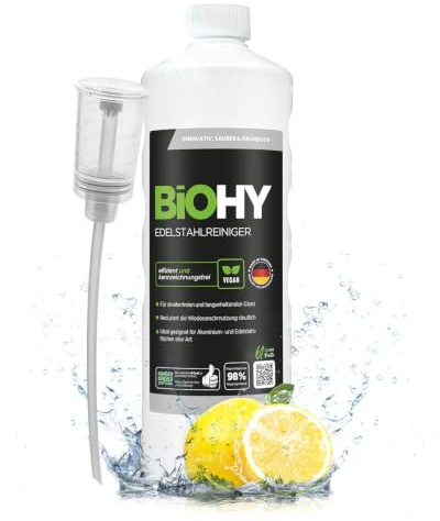 BiOHY Edelstahlreiniger Küche Edelstahlpflege Politur (1l Flasche) | Reinigungsmittel für Kühlschrank, Dunstabzug, Grill und Spüle, streifenfrei, entfernt Fingerabdrücke und Flugrost