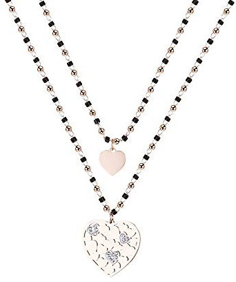 Ouran Collier avec pendentif en forme de cœur/lune et étoile pour femme, double couche, plaqué or rose, chaîne en acier inoxydable avec cristal noir, Cristal Acier inoxydable, Cristal