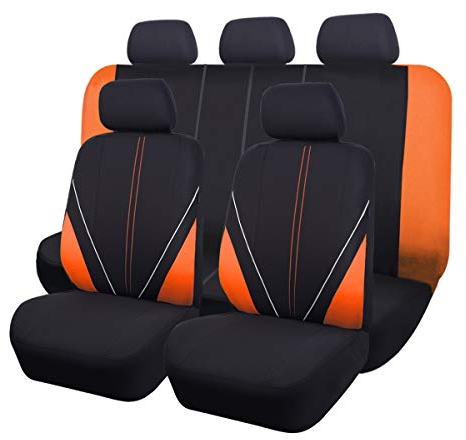 Flying Banner Universal atmungsaktive Netzstoff-Autositzbezüge, komplettes Set Airbag-kompatible Kissen Schutz (Schwarz und Orange)