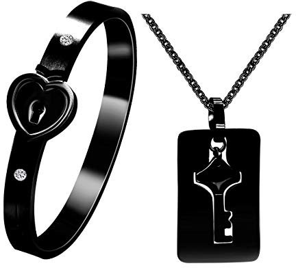 Titanium Matching Puzzle Couple Heart Bracelet and Key Pendant Necklace for Men and Women Bracelet Necklace Couple Jewellery Set for Girlfriend Boyfriend (Black-2.37inch)