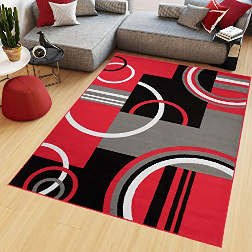 TAPISO Maya Kollektion Teppich Kurzflor Modern Vierecke Kreise Streifen Figuren Design Schwarz Grau Rot Weiß Wohnzimmer Schlafzimmer Büro ÖKOTEX 120 x 170 cm