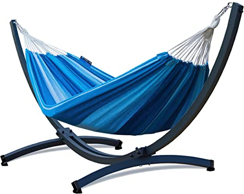 Potenza Outdoor Hängematte mit Gestell Metall für 2 Personen I Baumwolle Doppelhängematte XXL 220x160, 200kg I Tytan Hängemattengestell 350 kg, wetterfest (Blau, Basic Gestell Graphit)