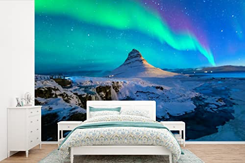 Selbstklebend Tapete Wandpapier Wandaufkleber Fototapete Tapeten Wanddeko 600x400 cm Nordlichter - Berge - Island