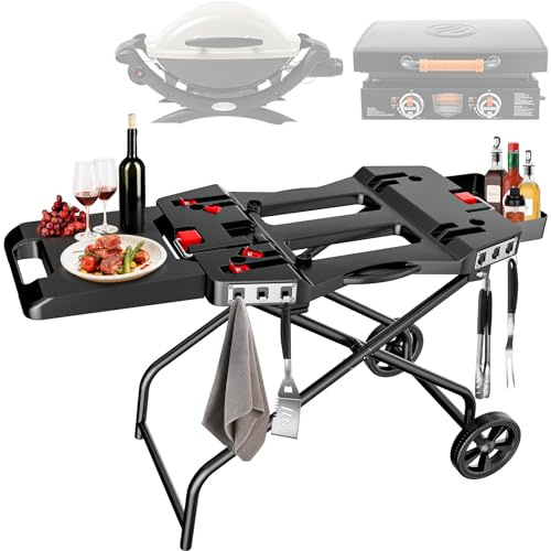 Hisencn Carrello portatile con rotella per Weber Q1200, Q1000, Q2200, Q2000, per griglie da tavolo Blackstone da 43,2 cm e 55,9 cm, carrello pieghevole, per esterni, nero