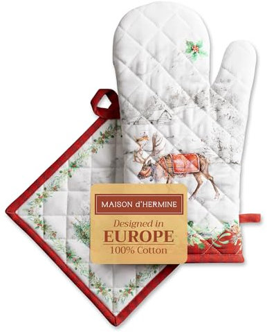 Maison d' Hermine Christmas Tradition Set di guanti da forno in 100% cotone (19cm x 33cm) e presina (20cm x 20cm) per barbecue, cuocere, forno a microonde, grigliate, Ringraziamento e Natale