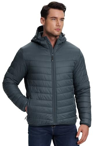 33,000ft Herren Leichte Steppjacke Outdoor Wasserbeständige Übergangsjacke Warme Winterjacke für Männer, Kapuze Wintermäntel Pufferjacke Verstaubar Grau L