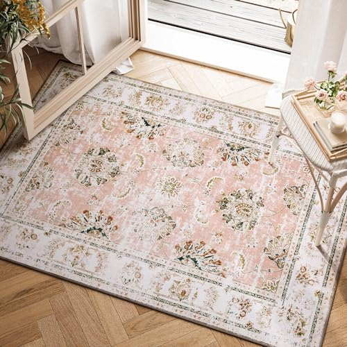 TOPICK Washable Door mat 60x90cm Entryway Pink Floral Rug Indoor Vintage Chenille Print Doormat Thin Small Rug Lightweight Non Slip Carpet for Kitchen Bathroom