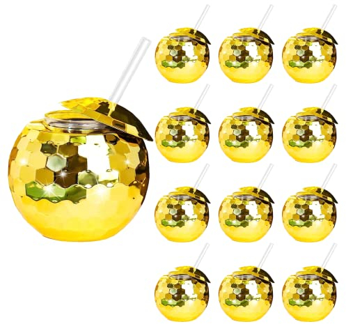 ZHURUININ 12 PCS Disco Ball Cups, 20Oz Disco Party Cups with Lid and Reusable Straw Flash Ball Cocktail Cup for Party Nightclub Bar Supplies Wine Drinking Syrup Tea Bottle (Golden)