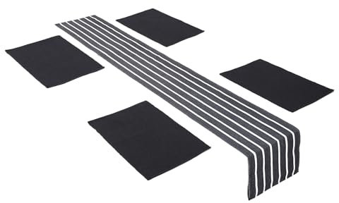 Encasa XO Tischläufer und Platzset Set 4 | Feingerippte Baumwolle | Romagrau | 1 Tischläufer Größe 32x150 cm & Jede Tischmatte Größe 48x32 cm
