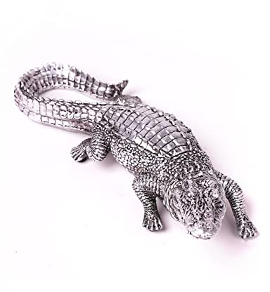 HAUCOZE Krokodil Skulptur Deko Modern Statue Arts Tier Geschenk Polyresin Silber 36cm