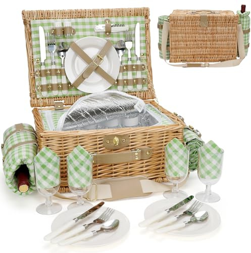 Picknickkorb für 4 Personen, isolierte Weiden-Picknickkörbe mit Schultergurt, Picknickkorb mit wasserdichter Picknickdecke, handgefertigter Weidenkorb für Outdoor-Camping, grünes Karo