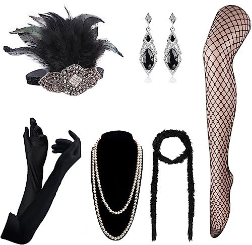 DRESHOW Damen 1920er Accessoires Set Flapper Kostüm Gatsby Feder Lange Halskette Handschuhe Stirnband Funkelnde Ohrringe