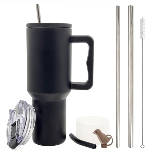 FloweryOcean 1200ml 40oz Kaffeebecher to go,Auslaufsicher,Doppelwandiger Vakuum Edelstahl Thermobecher mit Griff und Stroh,Trinkbecher für Heißer, Kalter Getränke,05-Schwarz