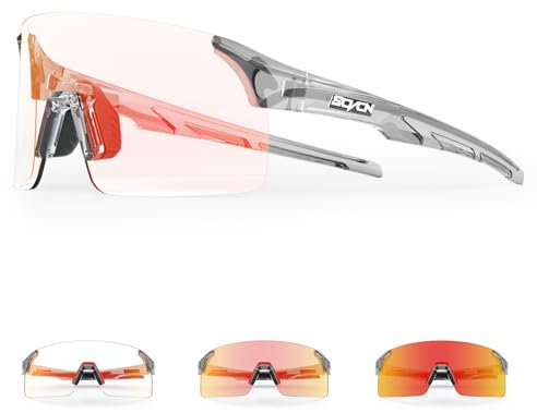 SCVCN Fahrradbrille Selbsttönend für Damen Herren, Photochrome Radsportbrille Sonnenbrille mit UV400 Schutz Randlose Transprante Gläser für Outdoorsports S142-PH