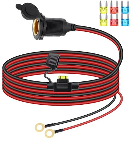 RIIEYOCA 12V/24V Enchufe del encendedor de cigarrillos Cable de extensión, rosca fija del encendedor de cigarrillos del coche hembra a O Ring Terminal de cable con tapa y 20A fusible.(3M)