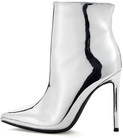 GENSHUO Stivaletti alla caviglia da donna con punta a punta, tacco alto da 11 cm, con cerniera, tacchi a spillo, stivaletti autunnali, Argento, 39 EU