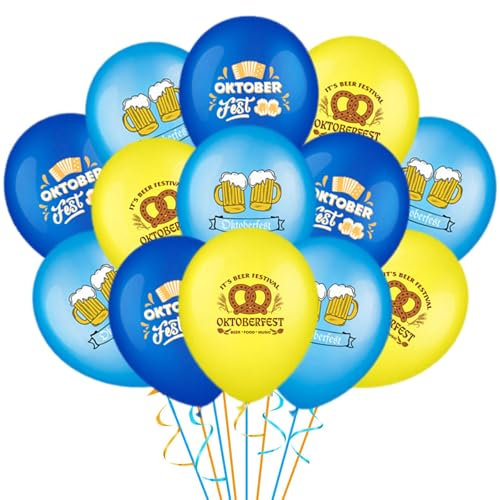 KOBOKO Oktoberfest Deko Luftballons, 24 Stück Deko Oktoberfest Ballons, Blau und Gelb Wiesn Deko Luftballon Set, Bier Deko Luftballon Bayrische Deko, Oktoberfest Deko Luftballons Bier für Wiesn Party