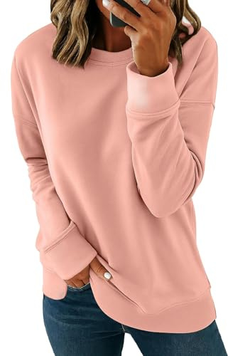 SMENG Pull col Rond Femme Printemps Ample de Marque Basic Top Manche Longue Pure Pullover Sweatshirt Tops Rose L