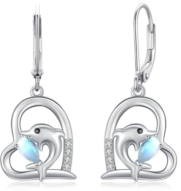 MEDWISE Delfin Ohrringe 925 Sterling Silber Herz Mondstein Hängend Tropfen Schmuck Geschenk Hypoallergener für Mädchen Kinder Ehefrau Freundin Weihnachts