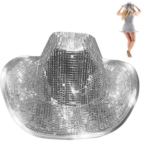 Funkelnder Cowboyhut, Disco-Cowboyhut | Verspiegelter Pailletten-Cowboy-Disco-Spiegelhut | Atemberaubender, lustiger Partyhut für Junggesellenabschiede, Partyzubehör, Bar, Frauen, Partytanz, Club, Män