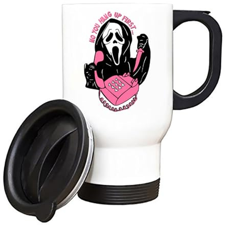 Giftme No You Hang Up First, Horror, Ghostface, Ghost Mask, Halloween, Insulated Travel Mug, Tea, Coffee Mug. (White)