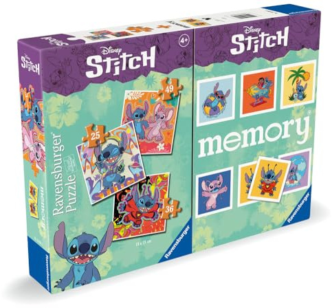 Ravensburger - Pack Memory Y Puzzle Stitch | Juegos De Mesa 4 Años O Más | Memory Juego Niños + Puzzle Disney De 49 Piezas | Lilo Y Stitch Regalos Niña