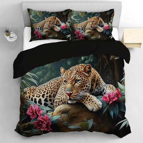 CEDNXOER 3D Gedruckter Leopard kinderbettwäsche 155x220CM+2 *Kissenbezug 80×80 cm, Tierwelt Blumen Wende Bettwäsche Deckung Set mit Reißverschluss Weich Mikrofaserbettwäsche