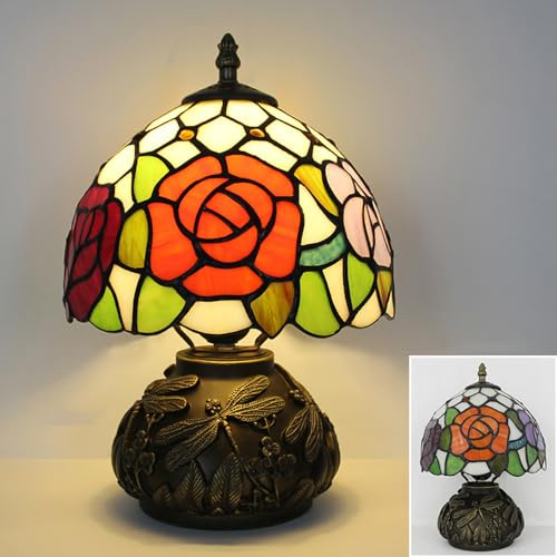 Mengjay Retro Tischlampe mit Buntglas-Schirm – Klassische Design Stehlampe mit Resinsockel, E27 Fassung, 1,5m Kabel & Euro-Stecker (Ohne Glühbirne) (C)