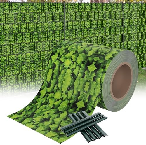 XMTECH PVC Sichtschutzfolie Sichtschutzstreifen Inkl. Befestigungsclips, Garten Sichtschutz Zaun Doppelstabmattenzaun, 450g/m² Blickdicht Sichtschutz Streifen - 70m x 19cm, Große Blätter-Grün