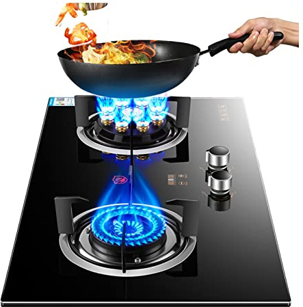 Réchaud À Gaz Portable 2 Brûleurs, 4,5/5,2 KW, 9 Cavités, Feu Élevé, Double Face, Minuterie Indépendante, Verre Trempé Noir Avec Protection Anti-extinction(LPG)