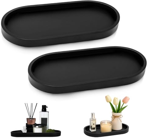 YUFFQOPC 2 Stück Badezimmer Tablett,Ovale Silikon Dekotablett für Badezimmer,Wohnzimmer, Schlafzimmer,Küchenspüle,25 x 11 x 2 cm(Schwarz)