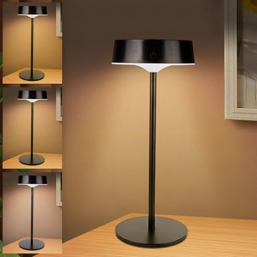 Euakee Solar Tischlampe Kabellos, Akku Tischleuchte Kabellos, Solarbetriebene und über USB-C Aufladbar, 3 Farbtemperaturen, Touch Dimmbar, IP67 Waterproof für Innen und Aussen, Schwarze
