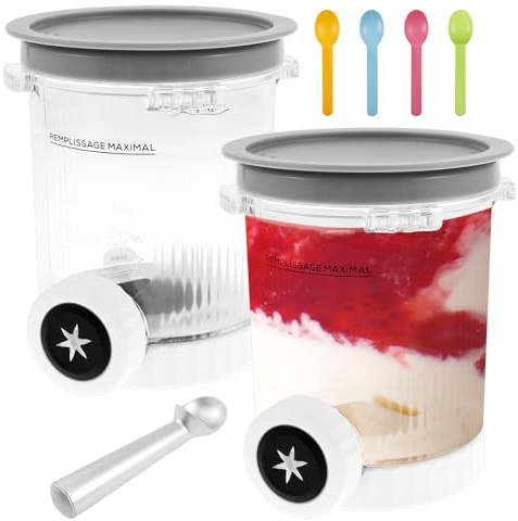 KTCINA 2Pcs Ice Cream Pint Container with Lids 500ml Creami Pint Container with 5 Spoons, Dishwasher Safe Soft Serve Ice Cream Maker Accessories Compatible with Ninja Swirl Creami NC700 Series