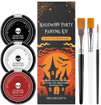 Halloween Make-up Kit - Weiße Foundation, Rot Schwarz Gesichtskörperfarbe mit Pinsel | Professionelles Theaterperformance Make-up für Cosplay, Kostümparty, Theater-Look, SFX,