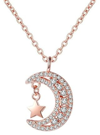 Mesnt Halskette Collier Damen, Frauen Halskette aus 18 Karat Rotgold Mondstern-Lab-Diamant