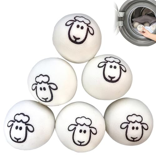 GNALIA Boules Seche Linge - 6 Pièces - 100% Laine De Mouton - Avec Sac De Rangement - 7Cm - Blanc