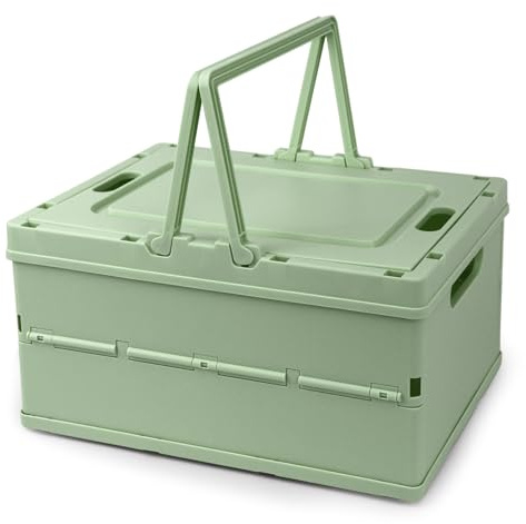 Vivikivi Collapsible Storage Crate,Plastic Storage Box, Green | Stackable Collapsible Storage Box with Lid, Folding Plastic Basket with Handle for Home Kitchen Office Desk Cabinet Shelf